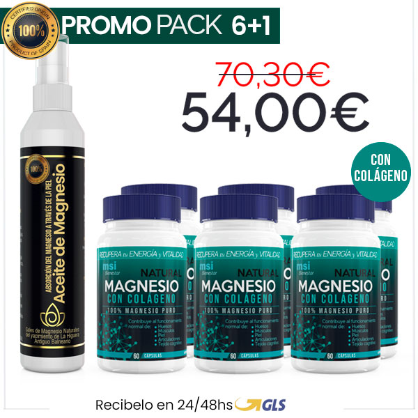 MSI Bienestar Magnesio Natural con Colágeno + Aceite de Magnesio en Spray | PACK 6+1