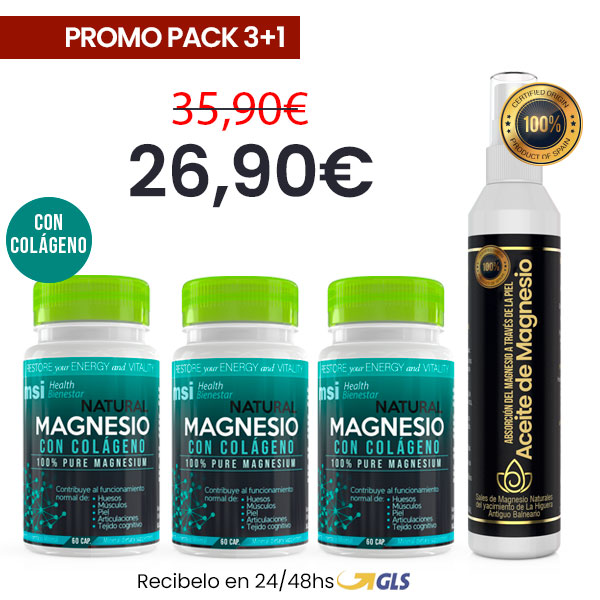 MSI Bienestar. Magnesio Natural con Colágeno + Aceite de Magnesio. Promo Pack 3+1
