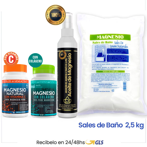 MSI Sales de Epsom + Magnesio con Colágeno + Magnesio con Vitamina C + Aceite de Magnesio en Spray | PACK TOTAL 4